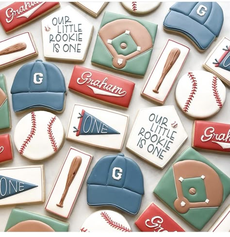 Baseball Themed Cookies, Baseball Birthday Cookies, Baseball Sugar Cookies, First Birthday Baseball, Cutout Cookie, Baking Hobby, Baseball Cookies, Baseball Theme Birthday, Cookie Pan