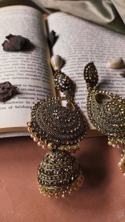 golden jhumka with golden stones and golden moti embellished. Oxidized Jewellery, Oxidized Silver Earrings, Forever Mine, Jewellery Silver, Sneak Peak, Oxidized Silver, Silver Earrings, Silver