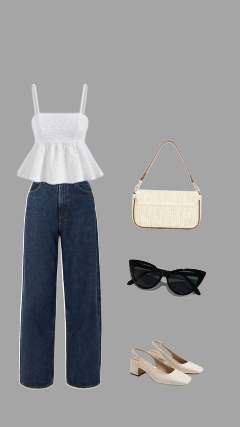 Blue high wais jeans with white peplum top Blue Peplum Top Outfit, Peplum Top With Jeans, Top Outfits With Jeans, Peplum Outfits, Peplum Top Outfits, Outfits With Jeans, Blue Peplum Top, Top With Jeans, Outfit Jeans