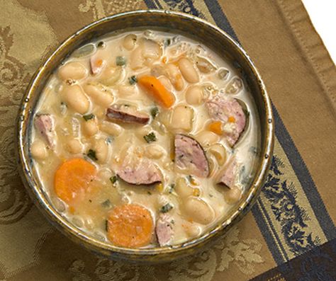 Soup Kielbasa, White Bean And Sausage Soup, White Bean And Sausage, Soup With Sage, Sage Soup, Senate Bean Soup, Bean Sausage, Bean And Sausage Soup, Kielbasa Soup