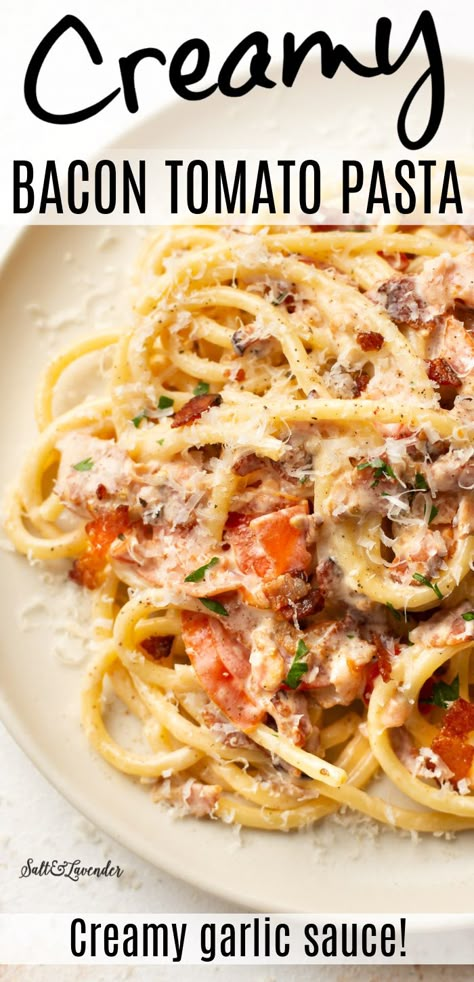 Bacon Tomato Linguine, Cream Of Bacon Recipes, Meals Using Bacon, Spinach Bacon Pasta Recipes, Easy Pasta Recipes With Bacon, Bacon Tomatoes Pasta, Bacon Leftover Recipes, Sausage Bacon Pasta, Bacon Tomato Pasta Salad