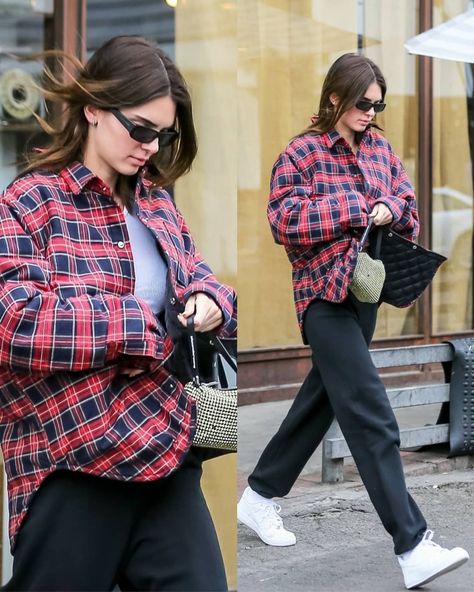 Kendall Nicole Jenner ✨ on Instagram: “March 9: Kendall out and about in LA @kendalljenner (i dont own any of these pics, creds to the owner!!)” Shirt And Tie Outfit Women, Tartan Shirt Outfit, Tie Outfit Women, Blouse Photoshoot, Shirt And Tie Outfits, Tartan Blouse, Tie Outfit, Shirt And Tie, Tartan Shirt