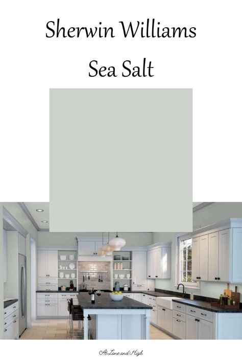 One of my favorite colors, Sherwin Williams Sea Salt, is what we are discussing today and I couldn't be more excited to talk about it! It is a gorgeous color that can be considered a neutral in some circles. You won't want to miss out on this one! Sherwin Williams Sea Salt Kitchen Walls, Sea Salt Behr Paint Match, Sea Salt Family Room, Costal Plains Sherwin Williams Kitchen, Seasalt Kitchen Cabinets, Sea Salt Sherwin Williams Cabinets, Sea Salt Cabinets Kitchens, Kitchen Wood Work Designs, Sea Salt Kitchen Walls