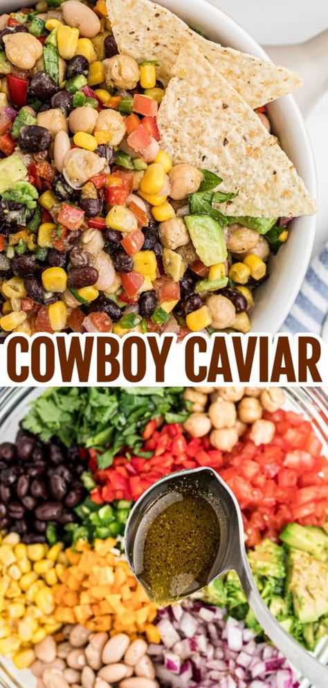 Cowboy Caviar is a delicious cold dip recipe loaded with a variety of beans, avocado, tomatoes, corn, peppers, onions and fresh cilantro. Cowboy Cavalier Dip, Cowboy Caviar With Rotel Recipe, Cowboy Caviar Creamy, Cowboy Caviar With Chickpeas, Spicy Cowboy Caviar, Fresh Dip Recipes, Cowboy Caviar With Avocado, Corn Caviar Dip, Fresh Corn Dip Recipe