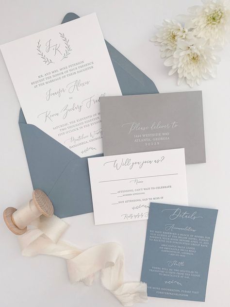 Blue Envelope Wedding Invitation, Slate Blue Wedding Invitations, Shades Of Blue Wedding Invitations, Dusty Blue Wedding Stationery, Blue Wedding Invitation Suite, Grey And Dusty Blue Wedding, Blue And Grey Wedding Invitations, Dusty Blue Silver Wedding, Dusty Blue And Grey Wedding