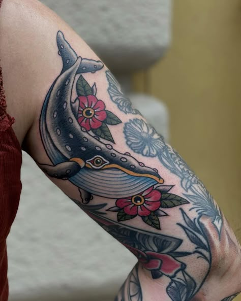 Whale Tattoo Neotraditional, Traditional Tattoos Sea Creatures, Old School Whale Tattoo, Gray Whale Tattoo, American Traditional Whale Tattoo, American Traditional Sea Tattoo, Trad Style Tattoos, Whale Tattoo Traditional, Traditional Ocean Tattoo