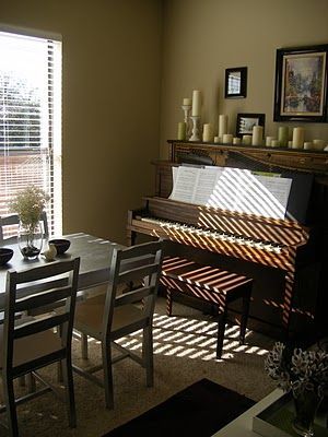 Small Dining Room With Piano, Dining Room With Piano, Piano Display, Piano Space, Hall Colours, Piano Rooms, Music Space, Piano Decor, Small Family Room