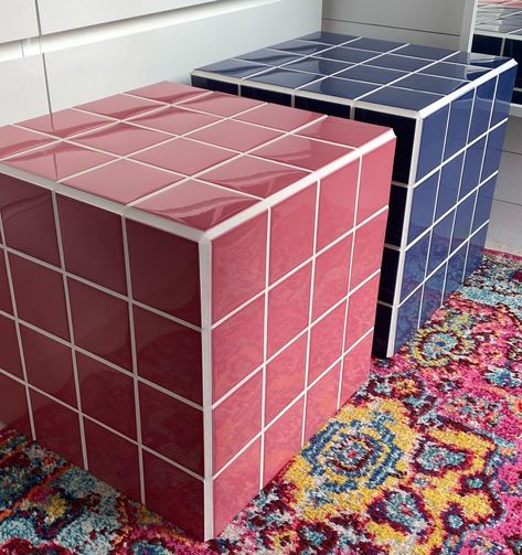 Tiled Furniture, Pink Ceramic Tile, Tiled Table, Brown Tile, Living Room Decor On A Budget, Tile Furniture, Tiled Coffee Table, Tile Table, Pink Tiles