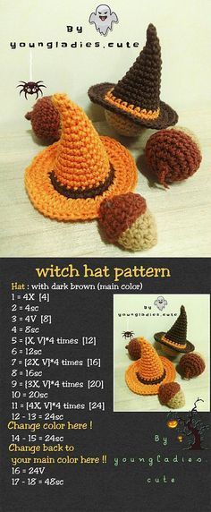 Crochet Halloween Witch Patterns Free, Halloween Crochet Witch Hat, Tiny Witch Hat Crochet Pattern, Crochet Tiny Witch Hat Pattern Free, Crochet Amigurumi Witch Hat, Crochet Couldren Pattern, Crochet Witch Hat For Cat, Crochet Small Witches Hat Free Pattern, Beginner Crochet Ghost