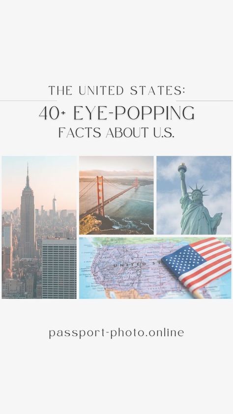 a photo of landscapes of USA, and Statue of Liberty, and map with USA flag, and inscription "The United States: 40+ Eye-Popping Facts about U.S." Facts About America, Usa Facts, Unknown Facts, Food Stories, Passport Photo, The United States Of America, Surprising Facts, Statistics, States Of America