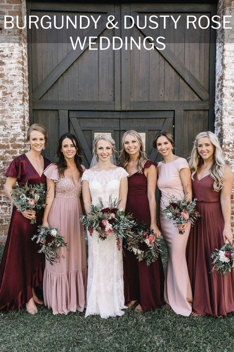 🍷🌸 BURGUNDY & DUSTY ROSE WEDDINGS 🌸🍷  Imagine a wedding day that exudes warmth, sophistication, and a touch of vintage charm! This rich, romantic palette will infuse your special day with depth and elegance, creating a truly enchanting atmosphere for you and your guests!  Browse through these ideas spotted on Pinterest for some burgundy and dusty rose suggestions! Burgundy Light Pink Wedding, Winter Pink Wedding Color Palettes, Dusty Rose And Red Wedding, Dusty Red Wedding, Dusty Rose Winter Wedding, Dusty Rose Wedding Color Schemes, Burgundy And Blush Wedding Decorations, Burgundy And Pink Wedding Theme, Rosewood Wedding Color Scheme