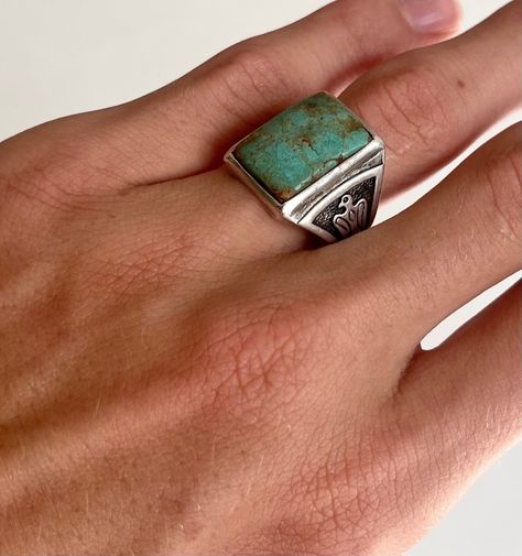 Hefty Thunderbird Turquoise Ring Signet Ring Old Vintage Native American Navajo Mens Ring Rectangle Turquoise Face Sterling Silver Band 9 Turquoise Ring For Men, Men’s Turquoise Ring, Turquoise Ring Men, Vintage Signet Ring, Modern Cowboy Style Men, Sage Necklace, American Vintage Clothing, Mens Turquoise Rings, Ring Rectangle