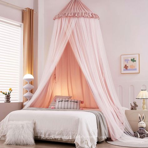 PRICES MAY VARY. New Dual-layer & 3-Opening Design: This girls bed canopy features a unique double-layer design. Use only the mesh layer for a breathable net cover or both layers to create excellent shade, for a cozy rest space. Featured with 3 easy openings & lovely frills dome, this kids bed canopy with the star string lights creates a romantic accent for bedroom, reading nook, and outdoor area, a ultimate play area for kids to hide, nap, meet friends, and play inside Upgraded Durable Drawstri Beds For Girls Room, Bed Netting Canopy, Girls Canopy Bed Ideas, Bedroom Canopy, Diy Bed Tent, Pink Toddler Rooms, Pink Bed Canopy, Girls Headboard, Pink Kids Bedrooms