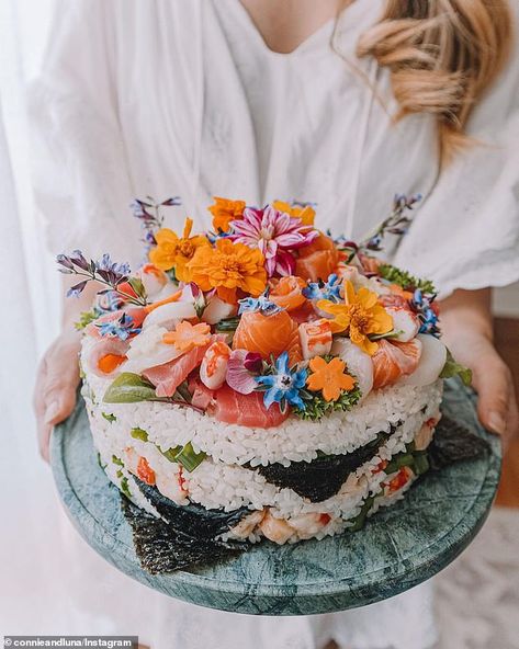 Connie and Luna sends internet mad with her homemade SUSHI cake | Daily Mail Online Birthday Cake Alternatives, Sushi Recipes Homemade, Salad Cake, Sushi Cake, Sushi Party, Homemade Sushi, Sushi Sandwich, Instagram Reel, Sushi Recipes