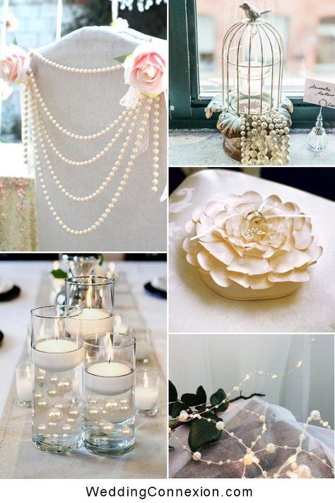 Pearls Centerpiece Ideas, Pearl And Lace Wedding Theme, Pearls In Wedding Decor, White Wedding Shower Decorations, Bubbles And Pearls Party, Pearl Centerpiece Ideas, Pearl Themed Party Decor, Pearls And Persecco, Pearl Decorations Party