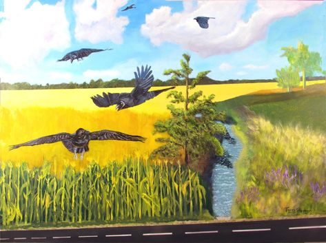 The Field" 30x40" Acrylic and oil THE FIELD Painting what I see An outer gaze sees a cornfield ready to harvest onto a canvas where nourishment for the soul can take place The internal sight of crows in their black and blue tones hovering over the fields promise of nourishment as the ears of corn listen for the caws of their body's offering. The cycle continues as nature created the supply and fulfills a demand, a vision, a painting, a cornfield, and crows. What an inner outing And so it Corn Fields, Field Paint, Field Painting, Ears Of Corn, Pooh Baby, Norse Mythology, Crows, Blue Tones, The Soul