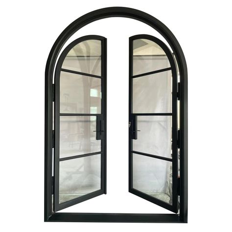 French Windows Exterior, Black Arched Double Doors, Black Arched Double Front Door, External French Doors Wroght Iron, Arched Iron Front Door Single, Arched French Doors, Iron French Doors Us Door & More Inc, Wrought Iron Front Door, Iron Front Door