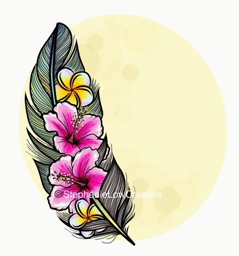 Hibiscus And Feather Tattoo, Plumeria And Butterfly Tattoo, Plumeria With Butterfly Tattoo, Hawaiian State Flower Tattoo, Turtle And Flower Tattoo Hawaii, Guitar Tattoo, Feather Tattoo, Hawaiian Flowers, Feather Tattoos