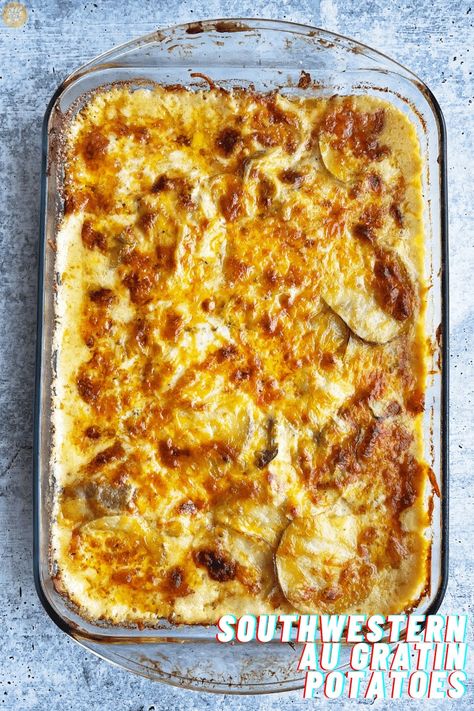 These Southwestern Au Gratin Potatoes are a spicy, cheesy, creamy scalloped potato side perfect for pretty much any protein. #recipe #deepfriedhoney #sidedish #augratin #scallopedpotatoes Creamy Scalloped Potatoes, Scalloped Potato, Au Gratin Potatoes, Au Gratin Potato Recipes, Gratin Potatoes, Au Gratin Recipes, Protein Recipe, Beef Bacon, Scalloped Potato Recipes