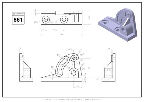 3D CAD EXERCISES 861 - STUDYCADCAM Mechanical Blueprint, 3d Cad Exercises, Isometric Drawing Exercises, Autocad Isometric Drawing, Orthographic Drawing, Solidworks Tutorial, Autocad Tutorial, Engineering Drawing, Autodesk Inventor