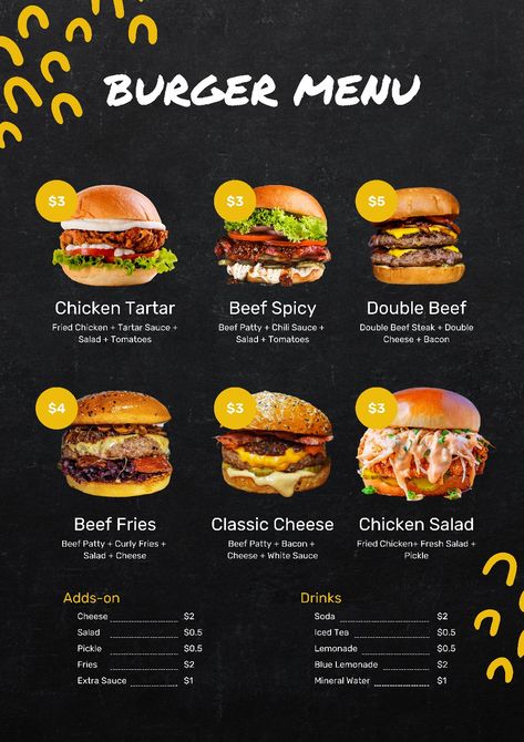 Burger Menu Design Ideas, Burger Menu Design, Chalkboard Restaurant, Menu Burger, Street Food Design, Hamburger Restaurant, Healthy Sandwich Recipes, Simple Family Meals, Menue Design