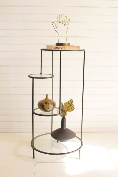 Display Table Design, Circular Shelves, Tiered Table, Tiered Shelves, Metal Accent Table, Metal Display, Display Unit, Wall Racks, Decor Pieces