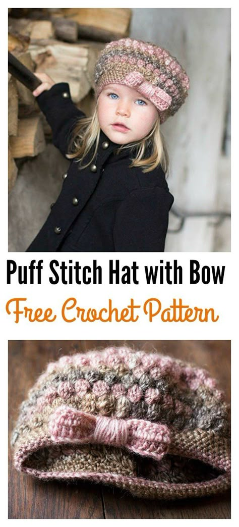 Crochet Puff Stitch Hat Free Pattern Crochet Puff Stitch Hat, Puff Stitch Hat, Crochet Beanie Hat Free Pattern, Crochet Puff Stitch, Children Hats, Stitch Hat, Crochet Edges, Hat With Bow, Baby Winter Hats