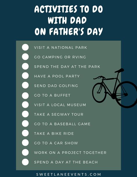 Activities to do with Dad on Father's Day.  Forget just a boring meal, spend the day doing what Dad enjoys.  SweetLaneEvents.com #fathersdayactivities #thingstodowithdad #fathersday Activities For Fathers Day, Things To Do On Father's Day, What To Do On Father's Day, Fathers Day Celebration, Things To Do For Father’s Day, Father’s Day Activities, Fathers Day Games Activities, Fathers Day Activities, Father’s Day Celebrations