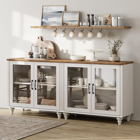 PRICES MAY VARY. 【2-in-1 Multipurpose Sideboard】The 2-in-1 large buffet table can be used separately as two glass cabinets. In addition to kitchen buffet cabinet, it can be placed in the living room as an entertainment center or in the entryway as a console table. Overall Dimension: 33.9"×15.7"×30.9"(L×W×H). They are sent separately in two packages, so you may receive them at different times. 【Elegant & Stylish Appearance】Featuring off white distressed wood surface and mid century style, the kit How To Style A Buffet Cabinet, Coffee Bar Tables, Buffet Cabinet Modern, Farmhouse Buffet Table, Doors For Kitchen, Modern Farmhouse Sideboard, Kitchen Buffet Cabinet, Sideboard Decor, Cabinet Modern