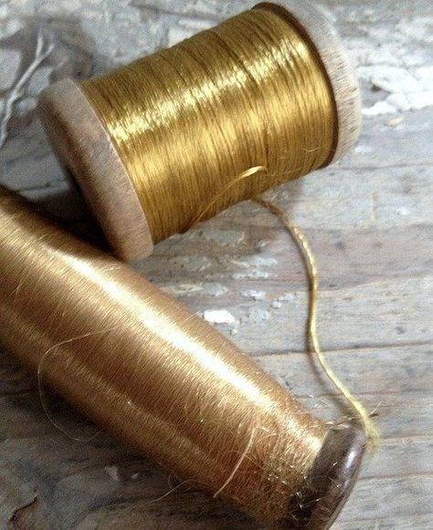 Golden Thread Aesthetic, Thread Aesthetic, French Flea Market, Golden Thread, Wooden Spools, Gold Aesthetic, Flea Market Finds, Shades Of Gold, Gold Silk