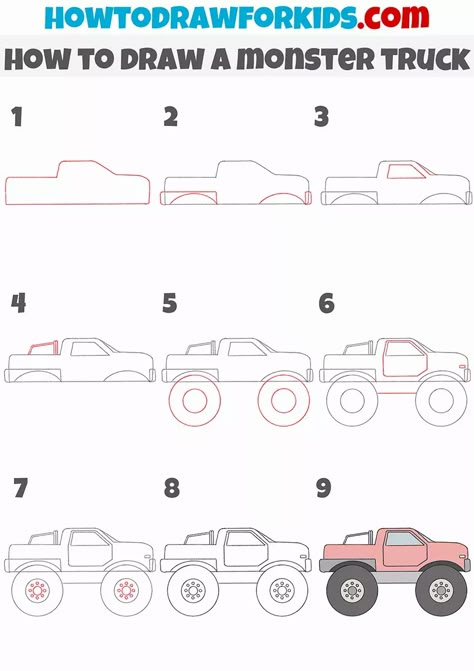 How to Draw a Monster Truck - Easy Drawing Tutorial For Kids How To Draw Trucks Step By Step, How To Draw Monster Truck, Truck Drawing Easy Step By Step, Monster Truck Doodle, Monster Truck Drawing Easy, How To Draw A Truck, Hot Wheels Drawing, Draw Monster Truck, How To Draw A Car