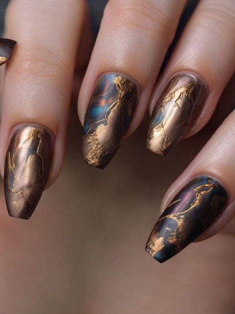 55+ Trendy Bronze Nail Designs and Ideas | Sarah Scoop Bronze Nails Gel, Bronze Nail Designs, Copper Chrome Nails Designs, Nails Bronze, Black And Bronze Nails, Bronze Manicure, Copper Nail Designs Art Ideas, Black Nails With Copper Chrome, Copper Nails Designs Rose Gold