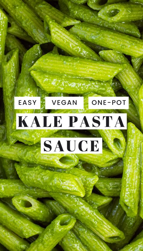 Kale pasta is the perfect healthy plant-based weeknight dinner. YES, a pasta sauce made almost entirely from kale can be super delicious! It's smooth, vibrant, and almost creamy. Plus, it's made in one pot and is a super fast meal (ready in under 30 mins!). Tasty vegan pasta? Yes please! #recipe #healthy #vegan #vegetarian #meatlessmonday Kale Alfredo Pasta, Creamy Kale Pasta, Kale Recipes Pasta, Kale Pasta Sauce, Vegan Kale Recipes, Kale Recipes Vegan, Recipe Using Kale, Kale Sauce, Kale Noodles