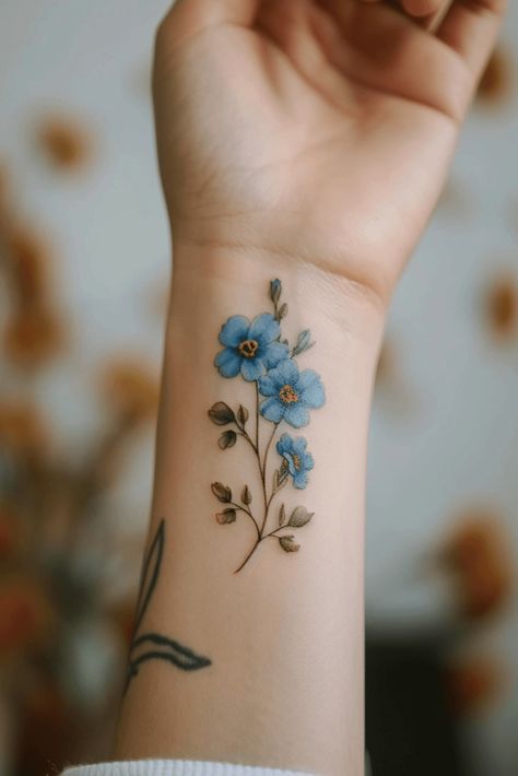 Forget-Me-Not Flower Tattoo Ideas Jacobs Ladder Flower Tattoo, Flower Tattoo For Grandparents, Alaskan Flower Tattoo, Alaska Flower Tattoo, Alaskan Tattoo Ideas, Blue Violet Tattoo, Blue Floral Tattoo, Forgetmenot Tattoo, Alaskan Flowers