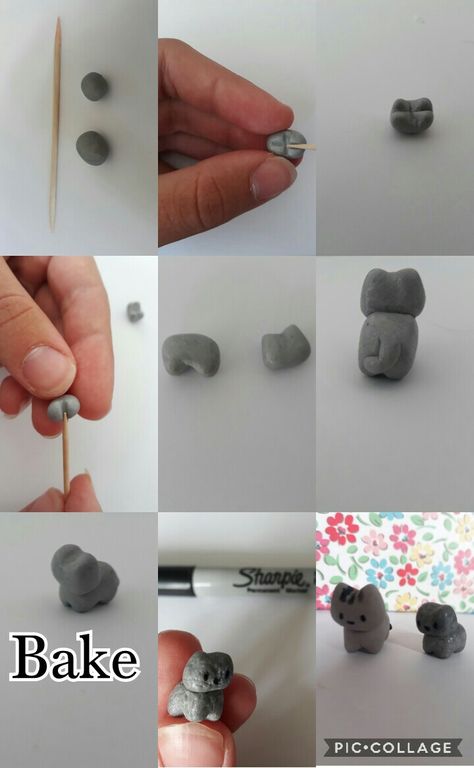 Mini Clay Cat, Polymer Clay Figurine Tutorial, Cat Out Of Clay, Polymer Clay Cat Tutorial, Clay Cat Easy, Clay Black Cat, Kitty Crafts, Polymer Clay Cat, Bake Clay