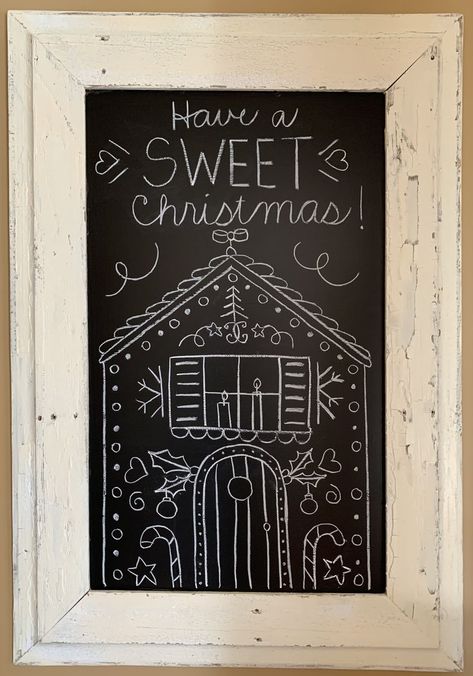 Chalkboard Gingerbread House, Gingerbread House Chalkboard Art, Gingerbread Chalkboard Ideas, House Chalkboard, Christmas Chalk, Chalk Talk, Window Drawing, Cork Bulletin Boards, Chalkboard Ideas