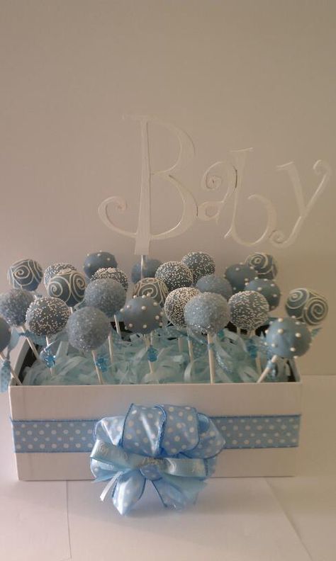 Cake Pops For Baby Shower Boy, Dusty Blue Cake Pops, Cake Pops Blue, Boy Baby Shower Cake Pops, Baby Shower Cake Pops For Boys, Cake Pop Baby Shower Boy, Cake Pops Baby Shower Boy, Baby Shower Dessert Table Boy, Cake Pop Display Ideas