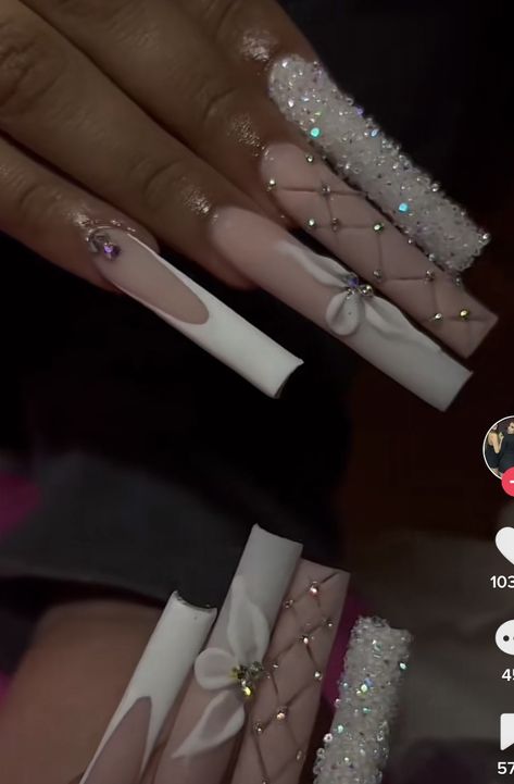 Long Nail With Rhinestones, Long Square Acrylic Nails New Years, Xxlong Square Nails, Long Gem Acrylic Nails, Acrylic Nails Gems Rhinestones, Acrylic Nails Ideas Baddie, Long Gem Nails, Nails Acrylic Coffin Long Baddie, White Nails With Designs Long