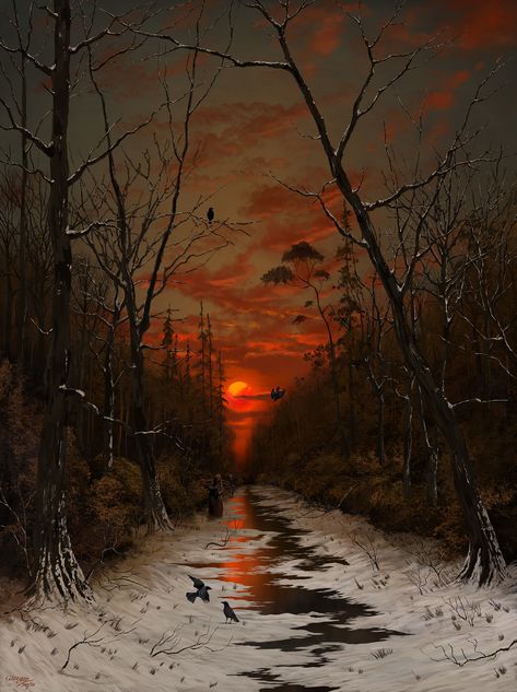 Vanitas Paintings, Peisaj Abstract, Dark Gothic Art, Red Sunset, Red Sky, Winter Forest, Art Website, Tree Painting, Horror Art