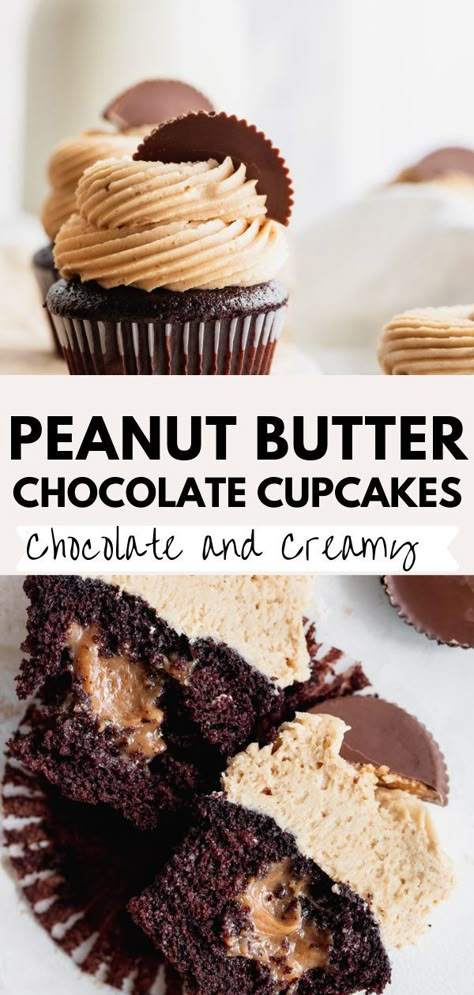 These are dark chocolate moist cupcakes filled with peanut butter marshmallow fluff. Then topped is a peanut butter frosting that is super creamy! Peanut Butter Stuffed Cupcakes, Peanut Butter Blossom Cupcakes, Best Peanut Butter Cupcakes, Chocolate Peanut Cupcakes, Peanut Butter Cupcakes With Filling, Peanut Butter Frosting Cupcakes, Cupcake Peanut Butter, Peanut Butter Oreo Cupcakes, Chocolate Cupcakes Peanut Butter Frosting