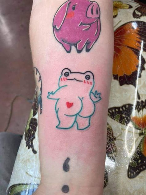 Cool And Cute Tattoos, Cute Frog Tattoo Small Simple, Funny Mom And Daughter Tattoos, Scenecore Tattoo, Kerropi Tattoo, Goofy Goober Tattoo, Tattoo Ideas Silly, Silly Frog Tattoo, Cutsy Tattoos