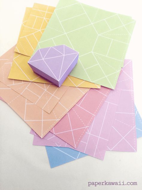 Origami Crystal, Printable Origami, Origami Box Tutorial, Origami Diamond, Paper Box Diy, Tutorial Origami, Origami And Kirigami, Box Tutorial, Useful Origami