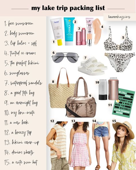 Lake Essentials Packing Lists, Weekend Lake Trip Outfits, Weekend At The Lake Outfit, Lake Packing List Summer, What To Pack For The Lake, Lake Camping Outfits, Lake Bag Essentials, Lake Of The Ozarks Outfits, Lake Trip Outfits Summer