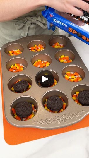 69K views · 748 reactions | Easy halloween treat! | Easy halloween treat!

I make festive brownies with candy corn and oreos. | By Justine Kameron | Alright, so that was just some
candy corn in my grease muffin tin. I'm next coming in with
these halloween Oreos. These are personally my favorite
Oreos. So, Ooh it's a fresh package you guys. And these
ones are so fun because they have like the little sayings on
them. They have like the oh they usually have like oh here
you go. Here's a little spiderweb on here. These are
just so cute and delicious. So we're just placing these right
on top of our candy corn. This is going to be a super easy
delicious halloween treats that everyone will love. Alright.
That was perfect. We just used one row of these and now we
have leftovers to snack on. That's Candy Corn Cupcakes Recipe, Fall Brownie Decorating Ideas, Dessert With Candy Corn, Halloween Treats With Candy Corn, Halloween Brownie Cupcakes, Desserts With Halloween Candy, Treats With Candy Corn, Recipe With Candy Corn, Cookies With Candy Corn