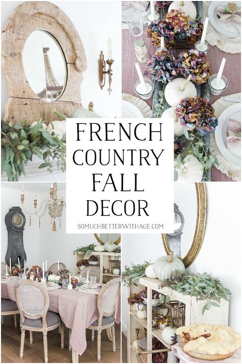 French Fall Home Tour with Purple and Green (No Orange Allowed) - So Much Better With Age French Country Fall Decor, Coastal Thanksgiving, Country Fall Decor, French Country Rug, Fall Dining Room, French Country Bathroom, Autumn Dining, Green French, Fall Home Tour