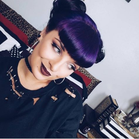 Punk Space Buns, Goth Updo Hairstyles Short Hair, Goth Space Buns, Purple Goth Hair, Goth Bob With Bangs, Purple Hair Goth, Purple Alt Hair, Pointy Bangs Goth, Purple Goth