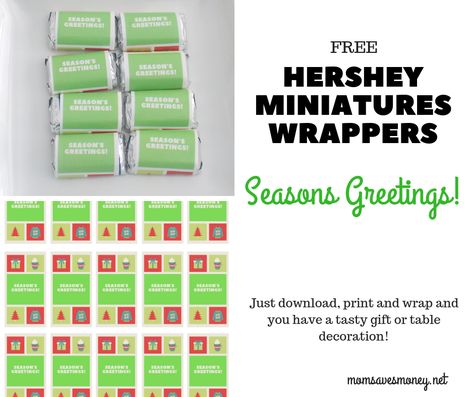 Hershey Miniatures with Seasons Greetings printable candy wrappers make for a fun (and tasty!) gift or a fun table decoration this Christmas season! Free printable template to add a custom touch to your holiday and make a great teacher gift or school party treat. Just download, print and wrap chocolate candies for an easy party favor, gift or holiday decoration. #printable #holidays Mini Hershey Bar Wrappers Template, Free Candy Wrapper, Fun Table Decorations, Christmas Wrapper, Senior Crafts, Easy Party Favor, Christmas Treats Boxes, Budget Advice, Hershey Miniatures