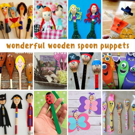 12 groovy wooden spoon puppets Wood Spoon Dolls, Wooden Spoons Story, Decorated Wooden Spoons, Story Telling Wooden Spoons, Wooden Spoon Puppets, Wooden Eating Spoons, Wooden Spoon Crafts, Spoon Craft, Wooden Puppet