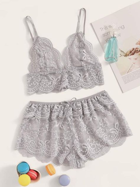 Lingerie Shorts, Cute Sleepwear, Cute Lingerie, Lace Lingerie Set, Scalloped Trim, Pretty Lingerie, Lace Lingerie, Looks Style, Lingerie Sleepwear