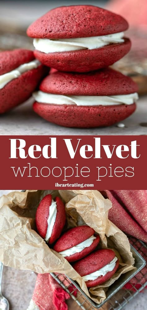 Red Velvet Whoopie Pies - great for Christmas or Valentine's Day! Pies With Cream Cheese, Red Velvet Whoopie Pies, Whoopie Pie Recipe, Red Velvet Recipes, Whoopie Pie, Red Velvet Cookies, Cream Cheese Frosting Recipe, Oreo Dessert, Whoopie Pies